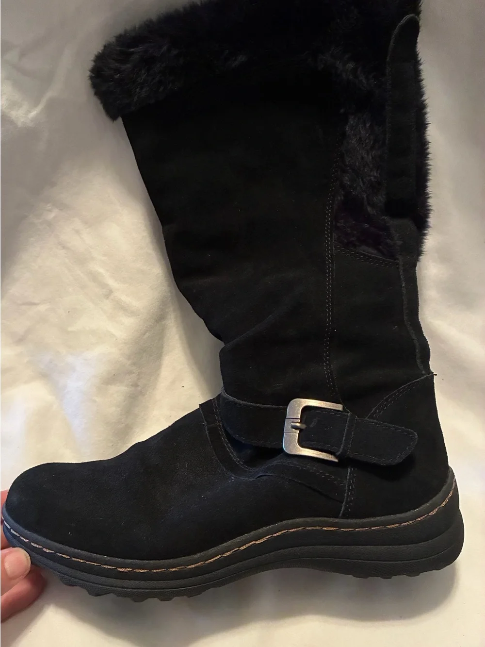“Anibeth” Black Suede Faux Fur Trim Winter Boots Mid Calf Buckle Women's Size 9